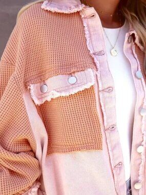 Waffle Knit Boyfriend Lightweight Shacket Jacket Pink